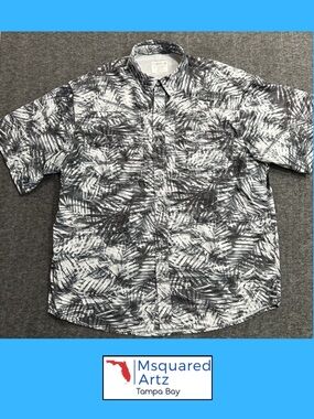 Reel Legends Saltwater II Fishing Shirt White Gray Black Palm Print XL Vented